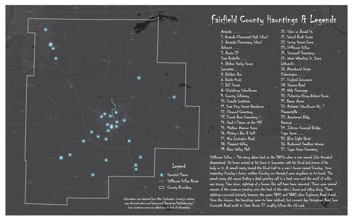 Map titled Fairfield County Hauntings & Legends marking 37 locations across Fairfield County connected to local ghost stories and legends
